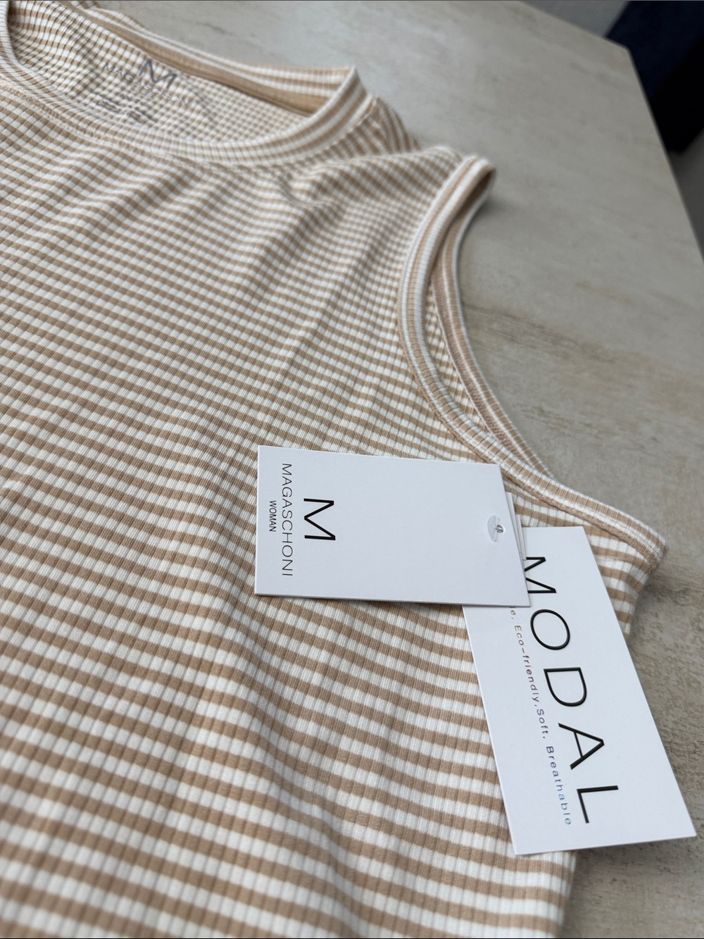 Magaschoni Beige & White Ribbed Stripe Modal Tank